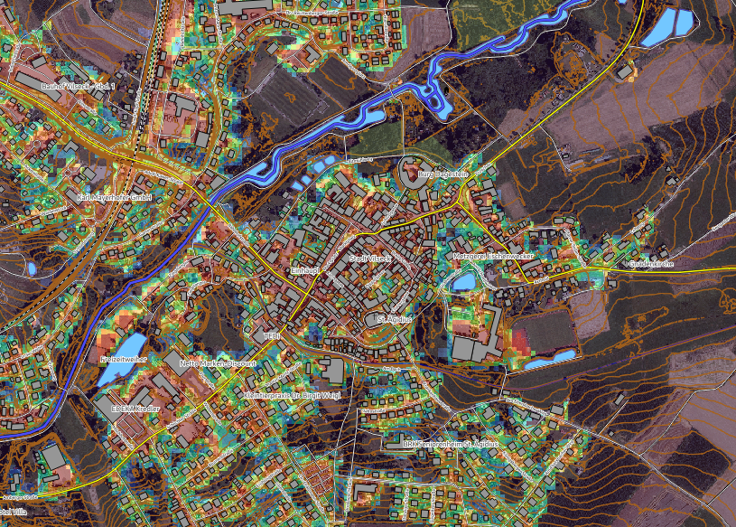 Versiegelungsgrad aus Copernucus-Satellitendaten am Beispiel der Stadt Vilseck. Vektorgrafiken: © OpenStreetMap Mitwirkende